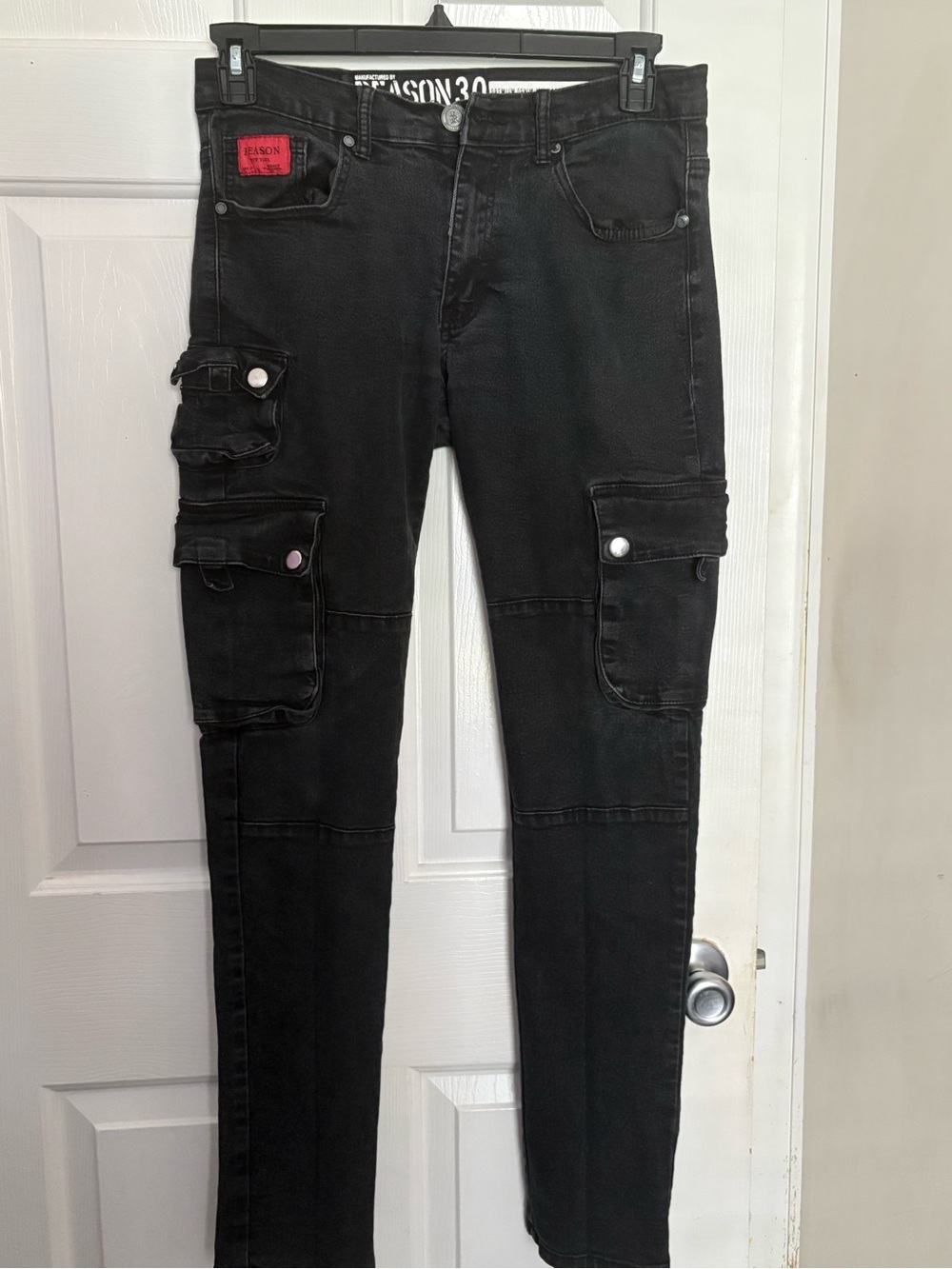 Reason Men's Black Cargo Skinny Jeans with Snap Pockets